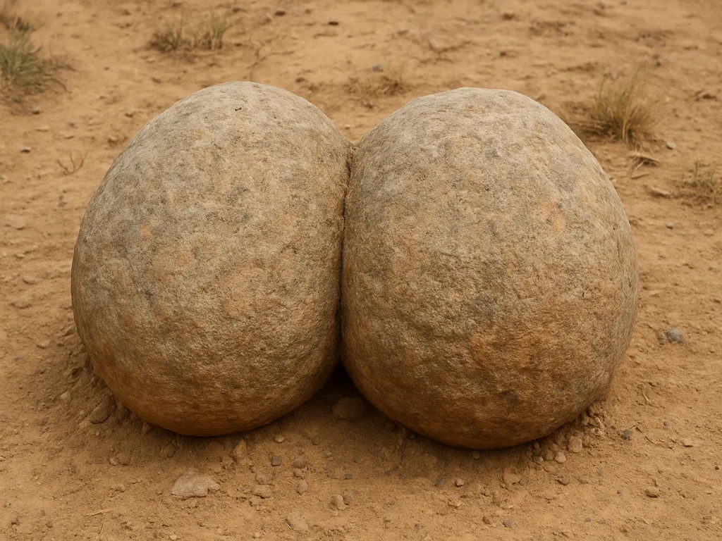 Two large round rocks sitting beside each other in the desert that evoke a striking resemblance to testicles